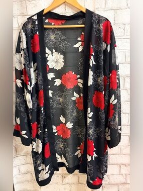 Sheer Open Duster Kimono/Cardigan Red & White Floral
